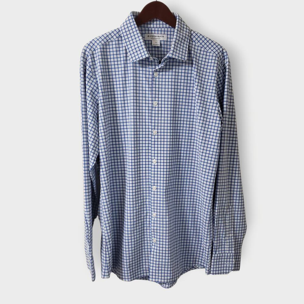 Mizzen + Main Leeward Performance Trim‎ Dress Shirt Blue Orange Gingham Sz Large